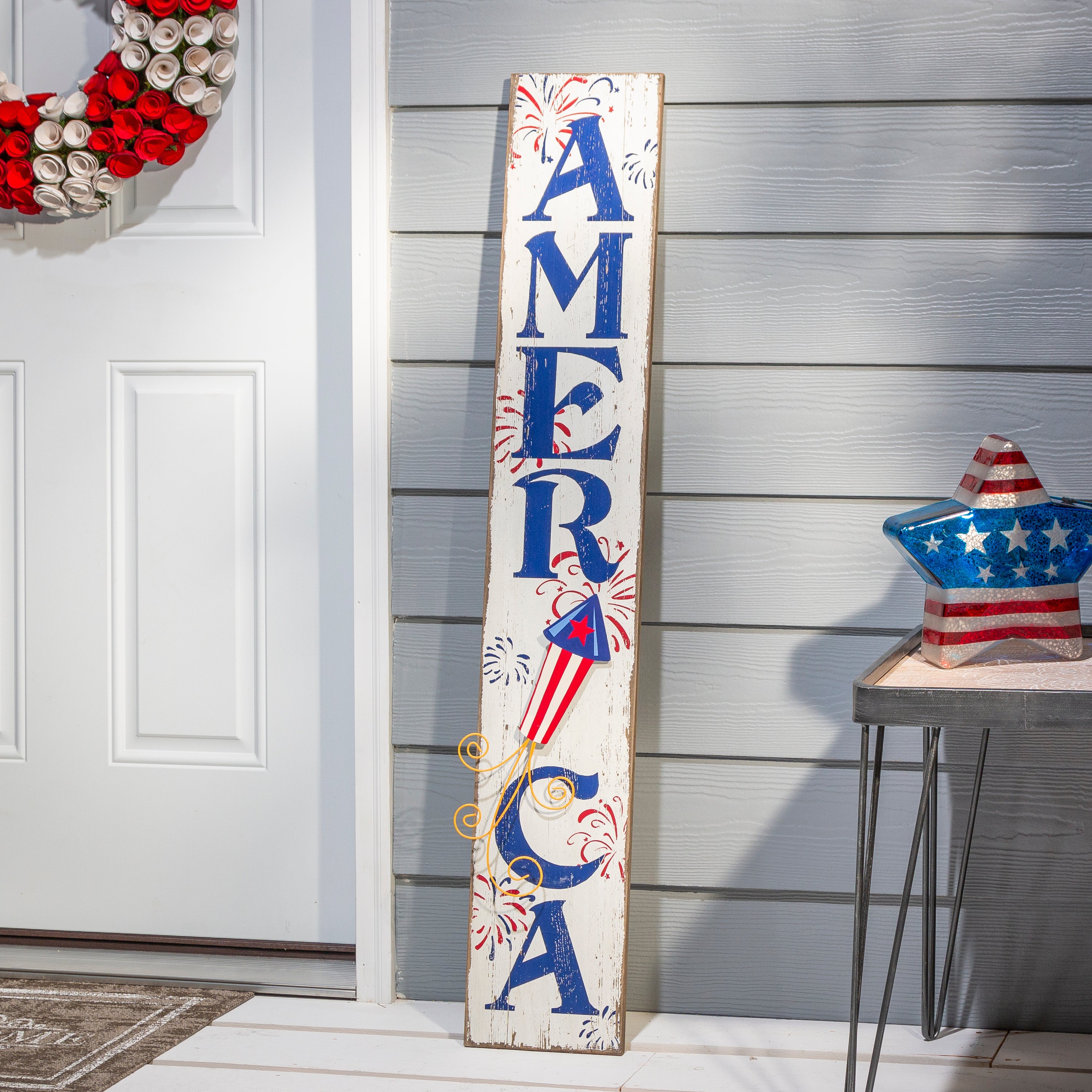 47.25 Inch Wood Patriotic Wall Decor with Metal Accents and Firecrackers Set of 2